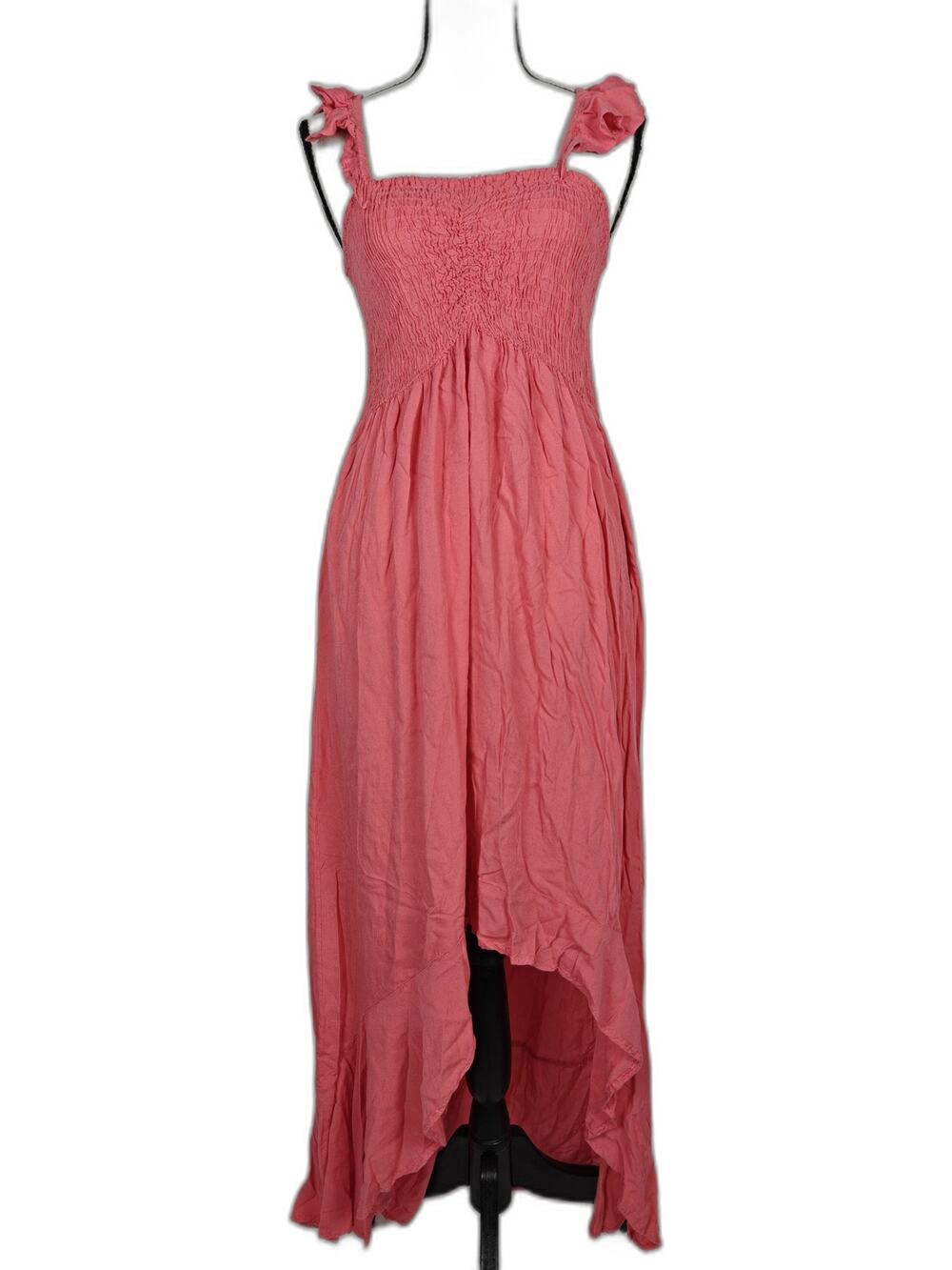 Women's Boho Me Maxi Dress Pink Smocked High Low Ruffle Strap Size L
